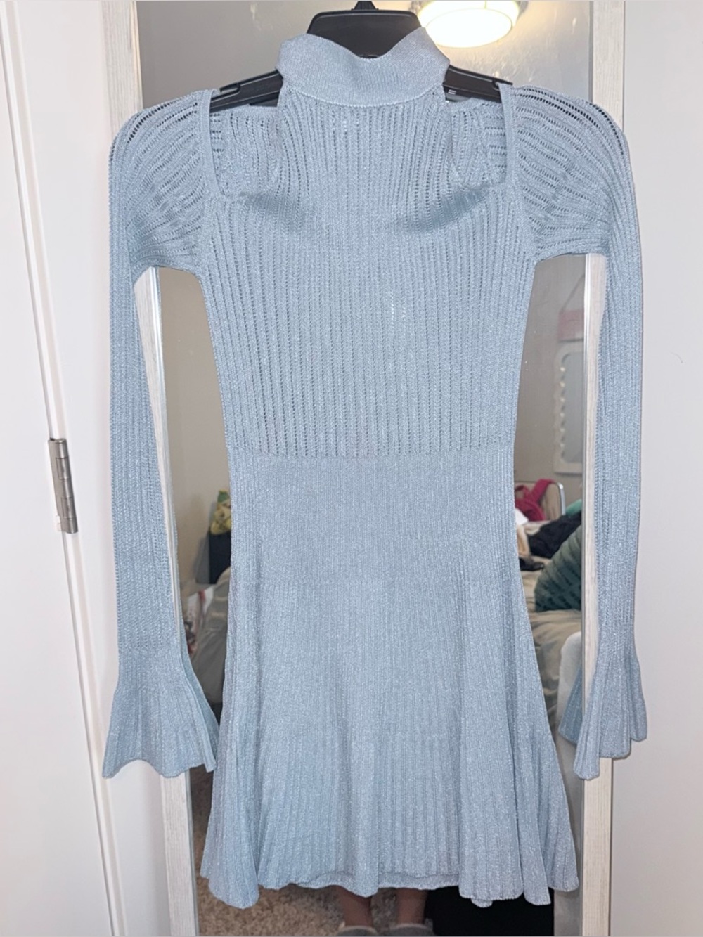 Light Blue Ribbed Knit Turtleneck Cutout Sweater Dress